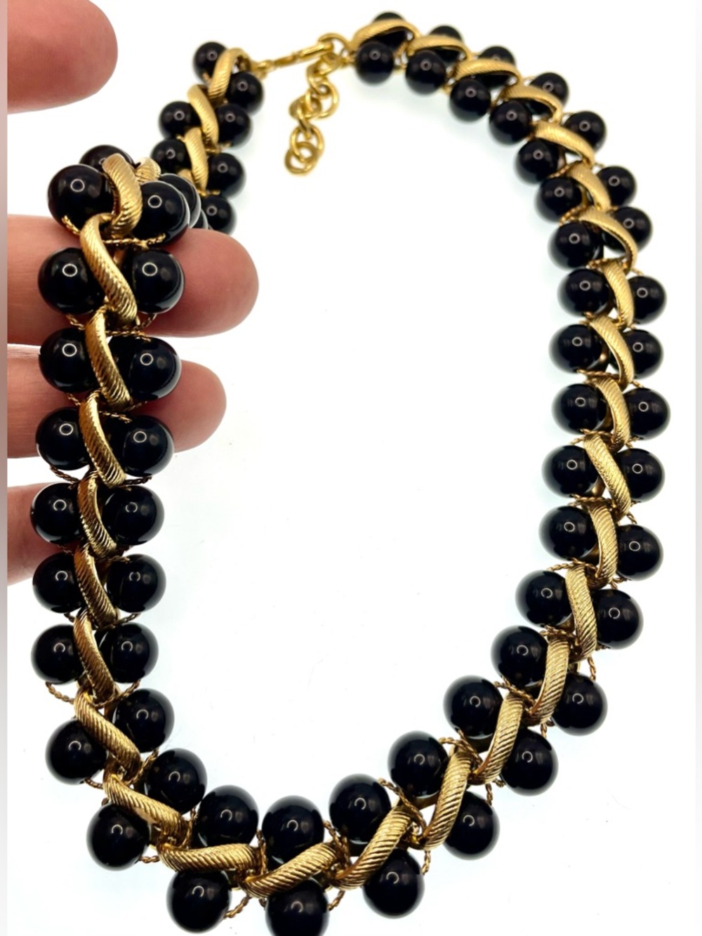 Vintage Monet Black Bead Gold Tone Necklace Statement Chain Strung Signed 1980s - Picture 7 of 9